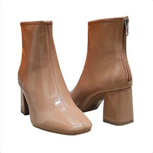 Camel Patent Leather Square Toe Block Heel Ankle Boots With Back Zipper Closure